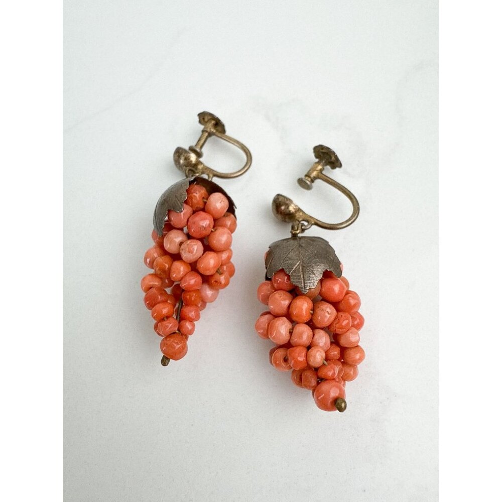 Antique Victorian Red Coral Grape Cluster Earrings Dangling Screw Back Jewelry